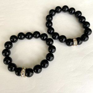 Black Beaded Stretch Bracelet Set of 2 with Gold and Rhinestone Detail